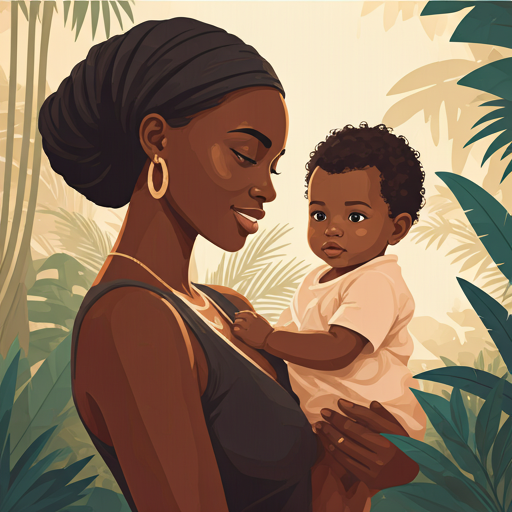 African mother smiling at her baby in a natural, serene garden setting